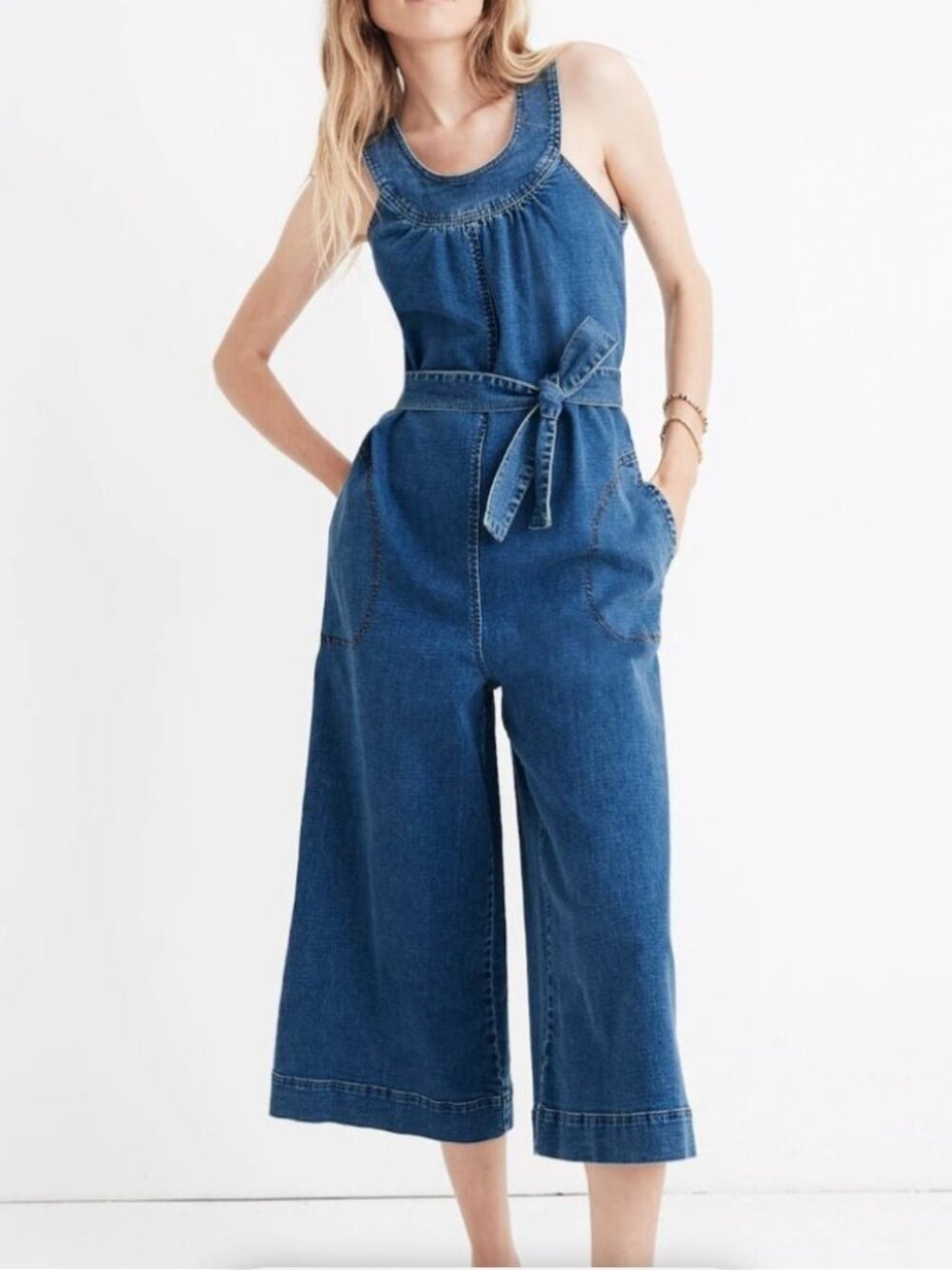 MADEWELL Wide Leg Halter Jumpsuit Women's Size 2 Denim Pockets Casual Edgy READ